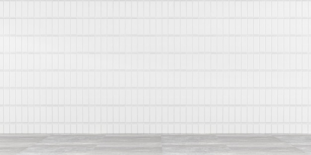 Parede de azulejo branco e piso de mármore cinza no banheiro renderização 3d Cozinha vazia ou banheiro sala interior azulejo de tijolo cerâmico vertical para decoração de banho padrão de grade de textura de mosaico retangular