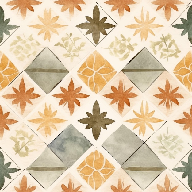 Parede de azulejos com folhas verdes e castanhas em azulejos de cerâmica branca