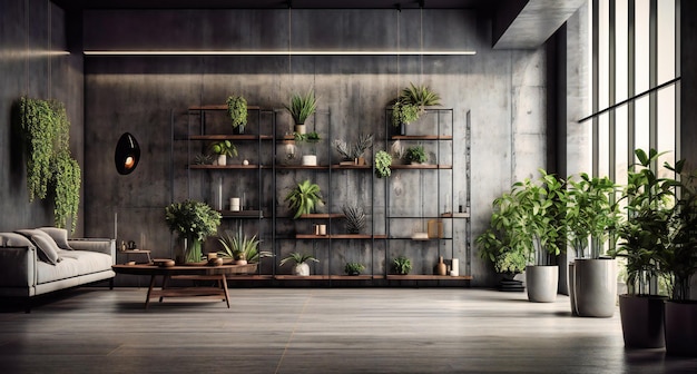 Parede de azulejos pretos e fundo branco da grande sala de estar com plantas em vasos