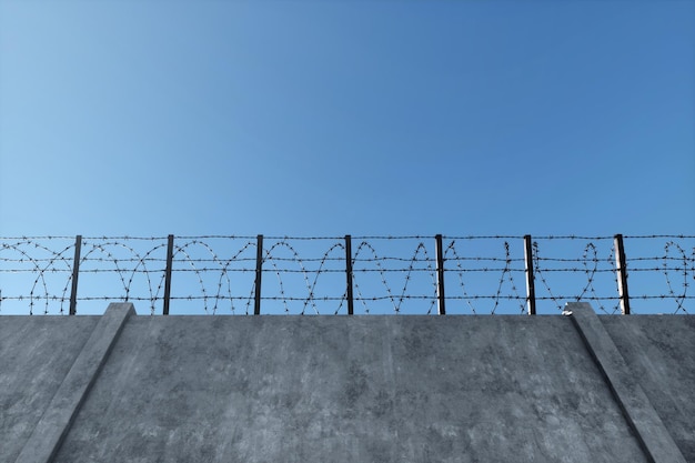 Parede de concreto com arame farpado contra o céu azul Conceito prisões fronteiriças refugiados solidão 3D