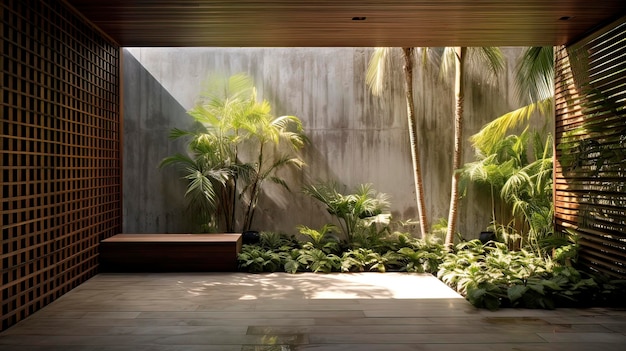Parede de concreto com elementos de madeira sombras na parede jardim tropical luz solar geração AI