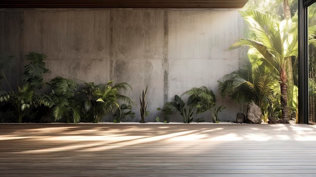 Parede de concreto com elementos de madeira sombras na parede jardim tropical luz solar geração AI