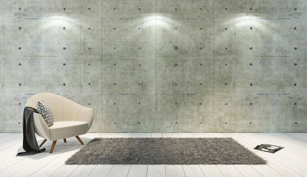 Parede de concreto e decoração de parquet de madeira branca como estilo loft com modelo de plano de fundo de assento único
