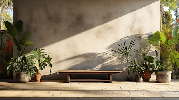 Parede de concreto exterior sem decoração e uma renderização 3D de um jardim tropical e árvore com sol