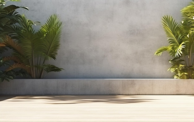 Parede de concreto exterior vazia com jardim de estilo tropical renderização 3d decorada com árvore de estilo tropical