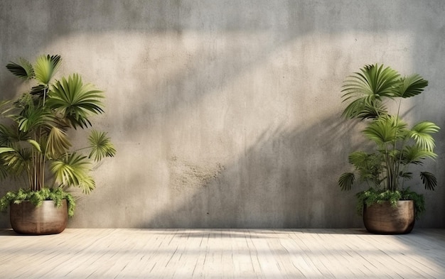 Parede de concreto exterior vazia com jardim de estilo tropical renderização 3d decorada com árvore de estilo tropical