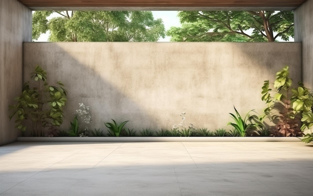 Parede de concreto exterior vazia com jardim de estilo tropical renderização 3d decorada com árvore de estilo tropical