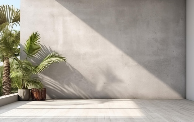 Parede de concreto exterior vazia com jardim de estilo tropical renderização 3d decorada com árvore de estilo tropical