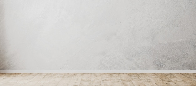 Parede de concreto vazia, sala vazia com parede plástica decorativa cinza e piso de madeira