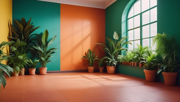 parede de cor verde sala vazia com plantas interiores reais em um chão