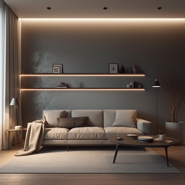 Parede de exibição de luz vazia da sala moderna com luzes internas Inclui um elegante sofá generativo AI