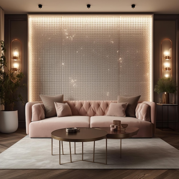 Parede de exibição de luz vazia da sala moderna com luzes internas Inclui um elegante sofá generativo AI