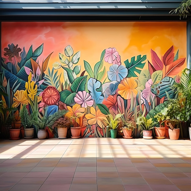 Foto parede de fundo mural com uma planta tropical mural e plantas em vaso vib materiais populares criativos