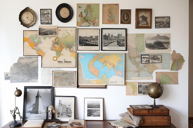 Parede de Galeria Eclética com Cartões Postais e Mapas Vintage