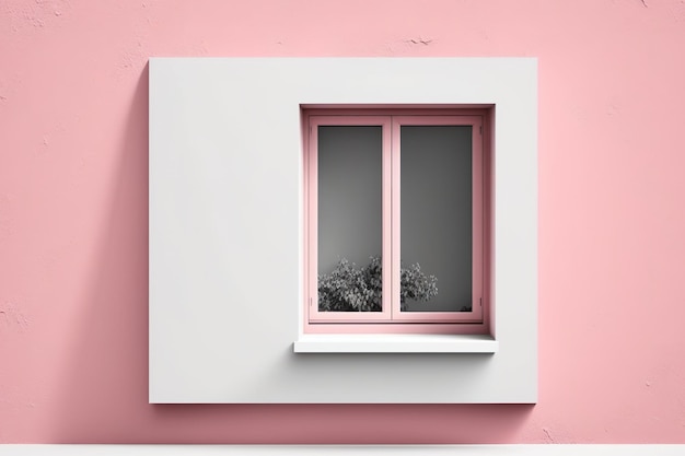 Parede de gesso exterior com janela branca com persianas reflexos de jardim fundo rosa pastel com ilustração do conceito de design de arquitetura de espaço de cópia