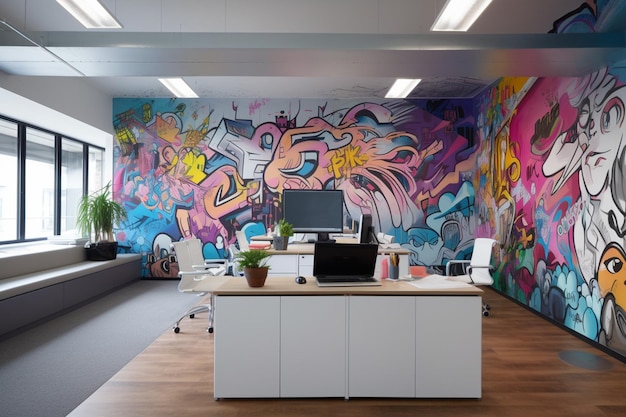 parede de graffiti de cores brilhantes em um escritório com uma mesa e um computador generativo ai