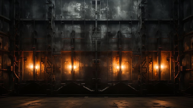 Foto parede de grelha de metal industrial com raios de spotlight dramáticos com ilustração tranquila de fundo.
