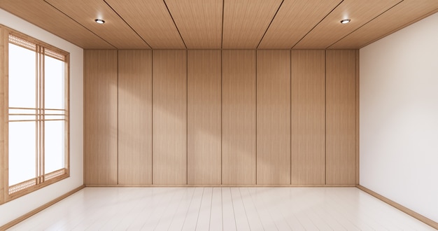 Parede de madeira branca vazia no design de interiores de piso branco