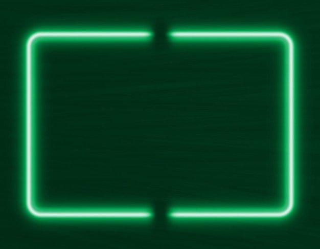 Parede de madeira escura fundo verde luz de néon e estrutura retangular