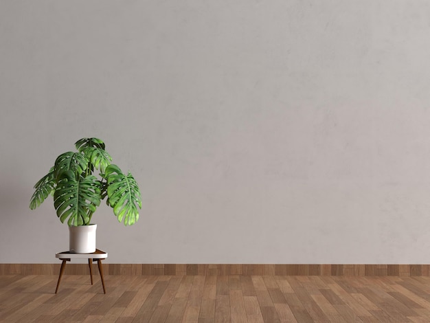 Parede de maquete interior com planta em vaso na mesa no fundo da parede branca com piso de madeira