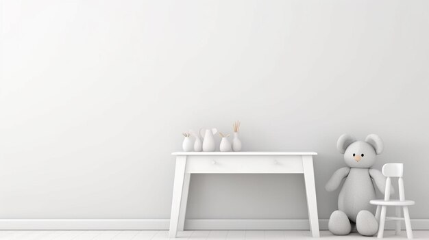 Foto parede de maquete na sala das crianças com mesa de criança definida em fundo de parede de cor branca clara