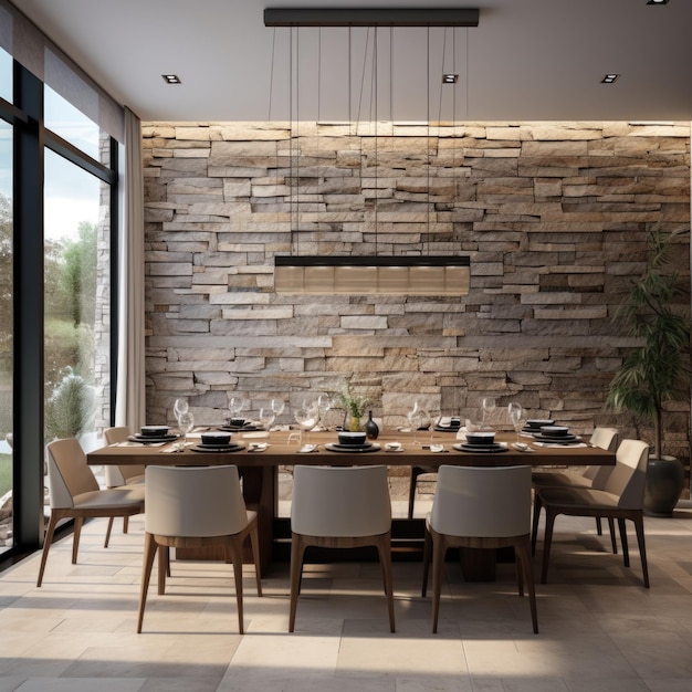 Parede de painéis de pedra no design interior de uma sala de jantar moderna