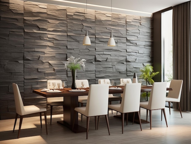 Parede de painel de pedra 3d no design interior de sala de jantar moderna