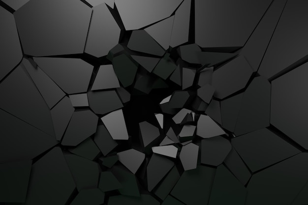 parede de pedra preta rachada ou danificar o fundo preto renderização 3d