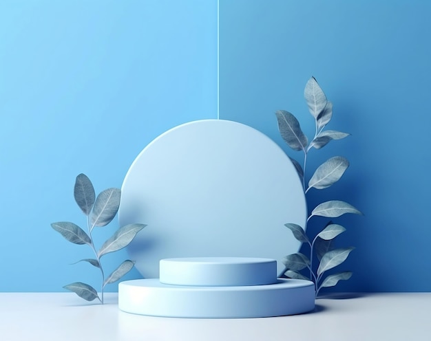 parede de pódio azul minimalista com uma planta e um objeto branco redondo no canto