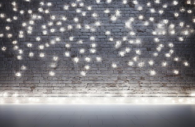 Parede de tijolos brancos minimalista adornada com luzes de Natal cintilantes perfeitas para fundo