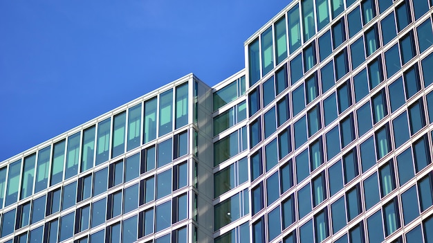 Parede de vidro estrutural refletindo o céu azul Fragmento de arquitetura moderna abstrata