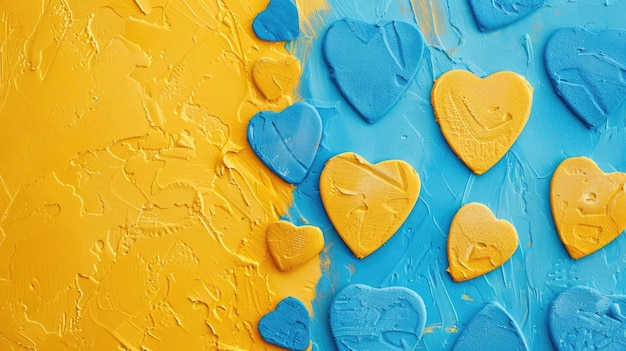 Parede decorativa com coração texturizado pintado em azul e amarelo como sinal de apoio à síndrome de Down