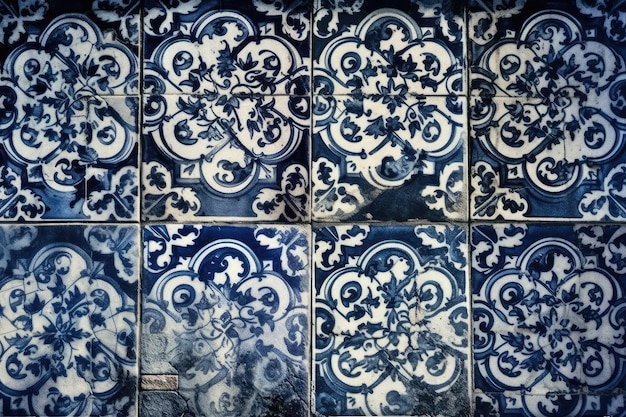 Parede decorativa de azulejos azuis e brancos com padrões intrincados