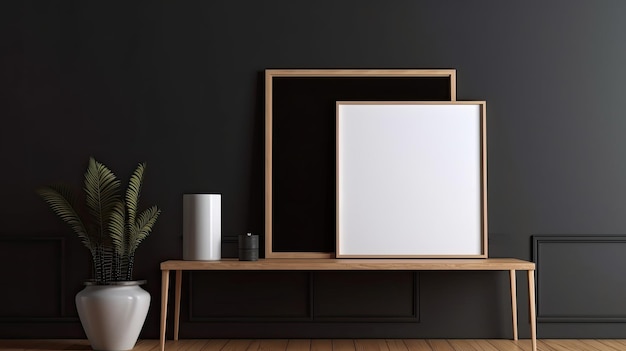 Parede escura com maquete de quadro de tela em branco vazio interior minimalista Generative AI