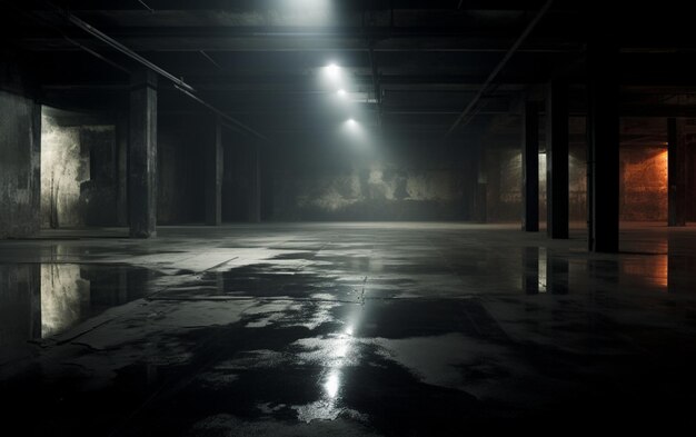 Foto parede escura e escura do quarto com piso reflexivo de cimento, fumaça e luz fraca