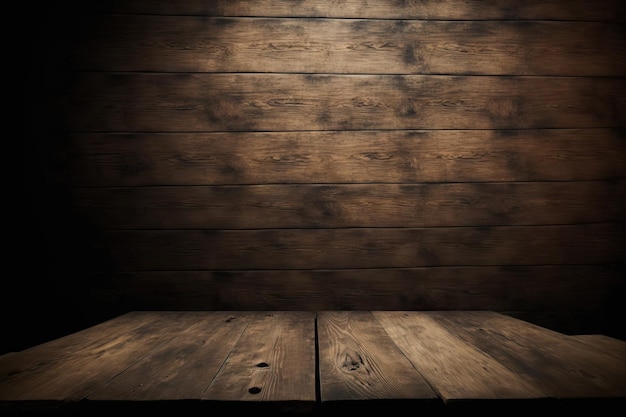 Parede escura e mesa de madeira