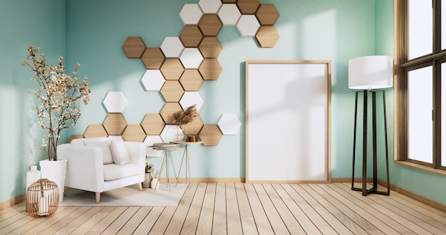 Parede hexagonal na sala de hortelã com poltrona e plantas de decoração. Renderização 3D