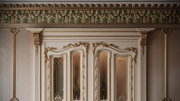 Parede interior clássica com cornisa e molduras portas com decoração