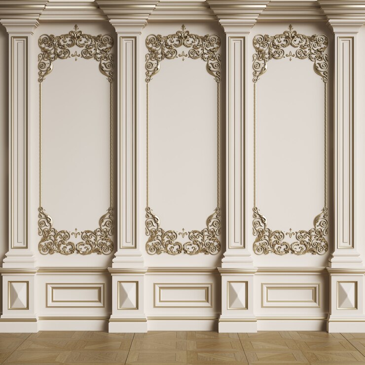 Parede interior clássica com molduras. Espinha de peixe no chão. Ilustração digital. Renderização 3D
