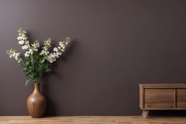 Parede interior com parede de cor castanho escuro de flor e prateleira de madeira