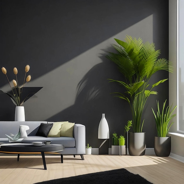 Parede interior escura e minimalista moderna e minimalista em plantas secas de sala de estar em vasos renderização 3d