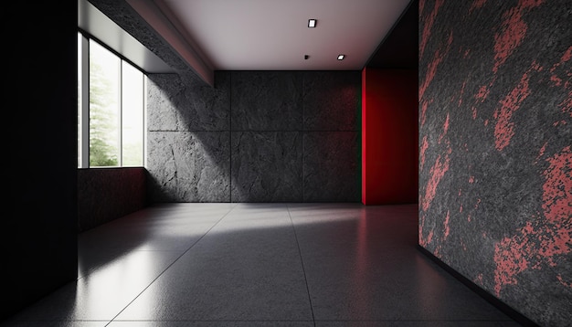 Parede interior moderna com carvão e cor vermelha generativa ai