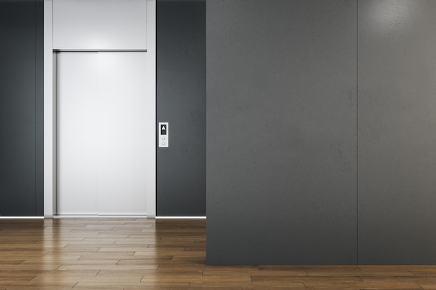 Parede preta em branco no salão de escritório vazio com elevador e maquete de renderização 3D de piso brilhante de madeira