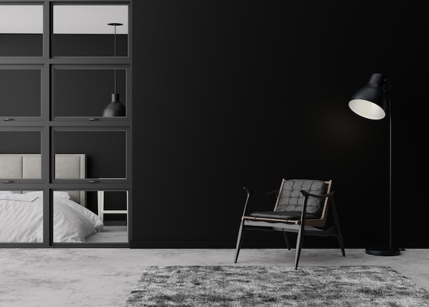 Parede preta vazia na sala de estar moderna Mock up interior em estilo loft contemporâneo Espaço de cópia grátis para o seu texto de imagem ou outro design Poltrona de couro preto piso de concreto renderização em 3D