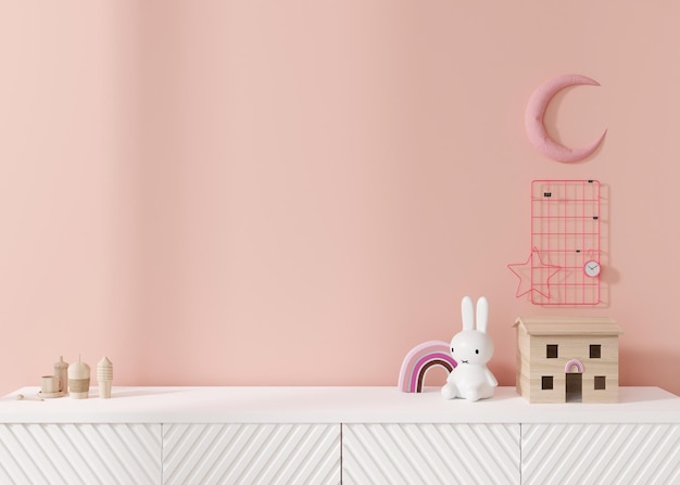 Parede rosa vazia Simule o interior do quarto das crianças em estilo contemporâneo Vista de perto Espaço de cópia livre para sua foto ou outro objeto pequeno Brinquedos de aparador renderização em 3D Maquete de quarto de criança