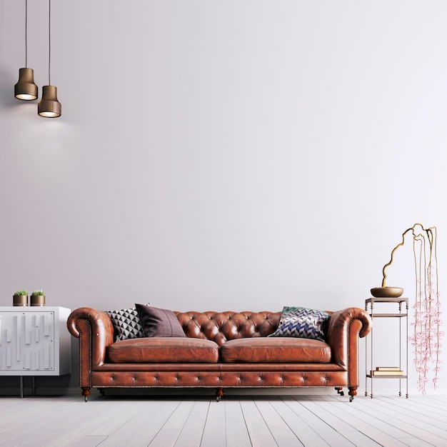 Parede vazia em estilo clássico com sofá de couro e planta 3d render