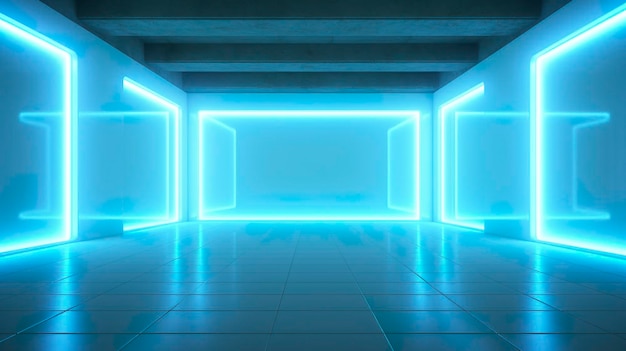 Parede vazia em uma sala de estar futurista de ficção científica com amarelo claro ciano claro e neon azul claro AI generativo