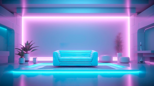 Parede vazia em uma sala de estar futurista de ficção científica com luz amarela clara ciano e azul claro néon AI generativo