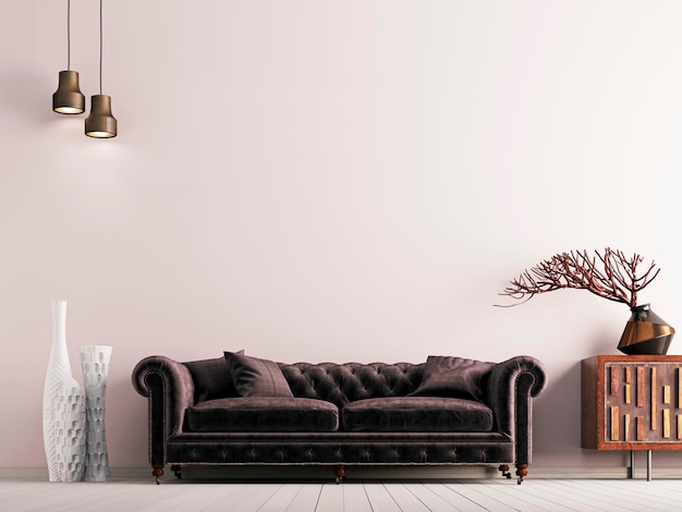 Parede vazia no interior de estilo clássico com sofá marrom na parede de fundo cinza renderização em 3d