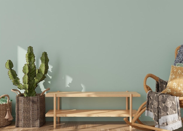 Parede verde clara vazia na moderna sala de estar Mock up interior em estilo boho escandinavo Espaço de cópia grátis para o seu texto de imagem ou outro design Rattan poltrona cacto renderização em 3D